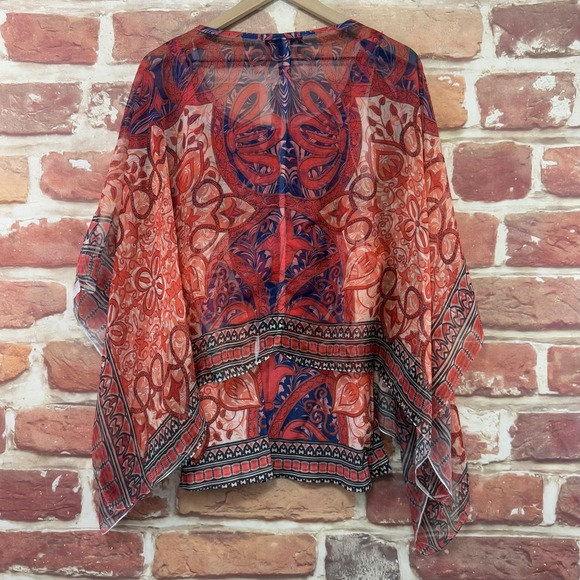 Style & Co Poncho Top Women's XL Red Multicolor Boho Floral Abstract Sheer Shirt - Picture 4 of 8